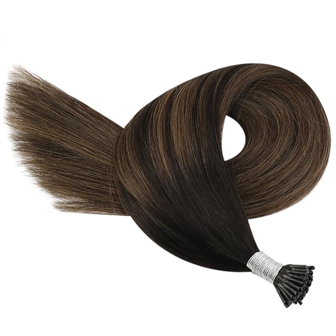 YoungSee I Tip Hair Extensions Brown 24 Inch Itip Hair Extensions Real Human Hair Dark Brown Balayage with Brown Itips Hair Extension Human Hair Ombre I-Tip Extension Long Hair 50g 50s