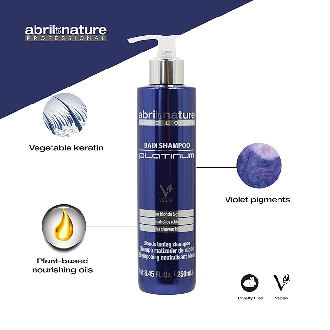 abril et nature - Platinum Professional Shampoo - For Blonde, Bleached, Highlighted, and/or Gray Hair - Violet Toner - Goodbye Yellow Tones - Platinum Appearance - 250 ml