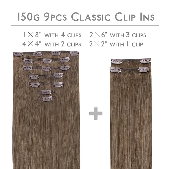 WENNALIFE Clip in Hair Extensions, 150g 14 Inch 9pcs Light Ash Brown Human Hair Extensions Thicker Clip in Hair Extensions Real Human Hair Clip Set Double Weft