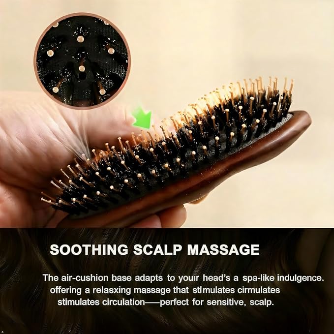 Boar Bristle Hair Brush-Gentle on Scalp with No Pulling,for Smooth,Shiny Hair and Reduced Static.Detangling Hairbrush for Fine,Thin,and Curly Hair with Scalp Massage.