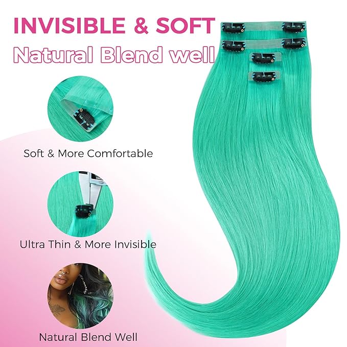 Lashey Green Hair Extensions Real Human Hair 58g 4pcs Straight Seamless Clip in Hair Extensions Human Hair for Black Girls 24 Inch Highlight Colored Clip ins