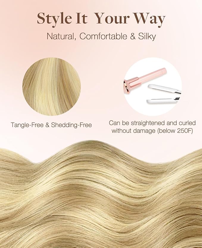 GOO GOO Invisi Edge Tape in Hair Extensions Human Hair, 16/22 Light Blonde Highlighted Golden Blonde, 10pcs 20inch 30g, Virgin Remy Hair, Seamless Injected Tape, Natural Look