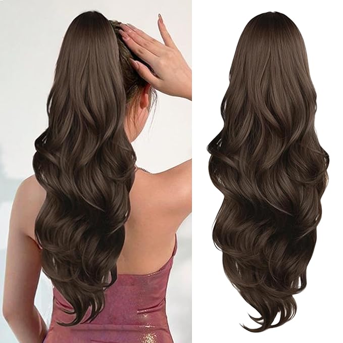 Brown Ponytail Extension, Drawstring Ponytail Extension for Women Long Brown Wavy Layered Pony Tails Hair Extensions 26 Inch Synthetic Clip in Ponytail Hairpiece for Women(Medium Brown)