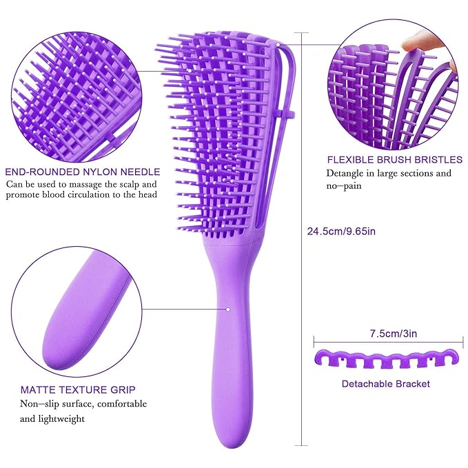 2 Pieces Detangling Brush for Afro America/African Hair Textured 3a to 4c Kinky Wavy/Curly/Coily/Wet/Dry/Oil/Thick/Long Hair, Knots Detangler Easy to Clean (Black, Purple)