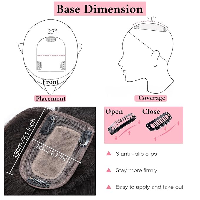 SEGO 100% Real Human Hair Toppers, with Air Bangs, Silk Base 150% Density, Clip in Topper, 2.7”x5.1”, HairPieces for Women, with Thinning/Hair Loss Cover Gray
