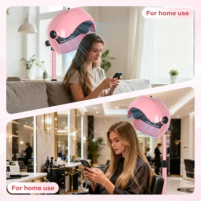 Professional Hooded Hair Dryer Pink,Stand Hair Dryer Bonnet with 3 Temperature Settings,Height Adjustable Sit Under Dryer on Wheels