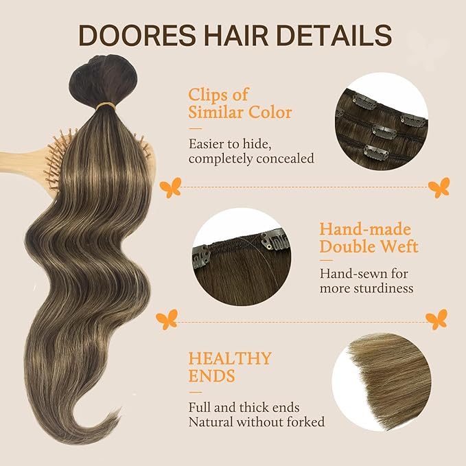 DOORES Hair Extensions Clip in Chocolate Brown to Caramel Blonde Balayage Remy Clip in Human Hair Extensions Natural Weft 120g 7pcs 18 Inch
