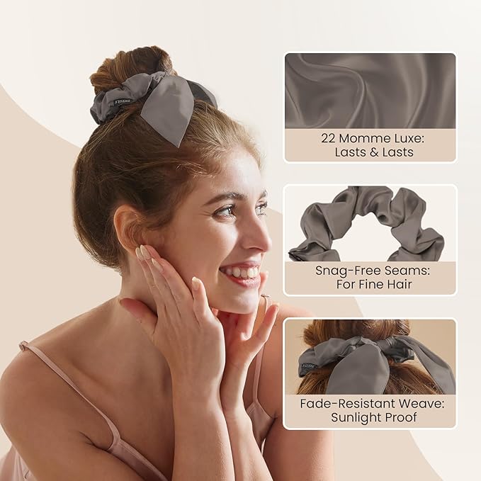 THXSILK 100% Mulberry Silk Bow Scrunchies 3-Pack, 22 Momme Mulberry Silk Hair Ties for Women, Cute Bunny Ear No Damage Ponytail Holders, Fashion Hair Accessories for Girls(M, Dark Grey)