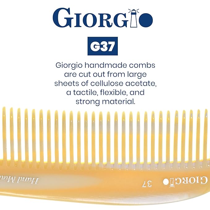 Giorgio G37 Large Coarse Detangler Comb, Wide Teeth for Thick, Curly, or Wavy Hair – For Wet and Dry Use, Handmade Rake Saw-Cut from Polished Cellulose Imitation Horn
