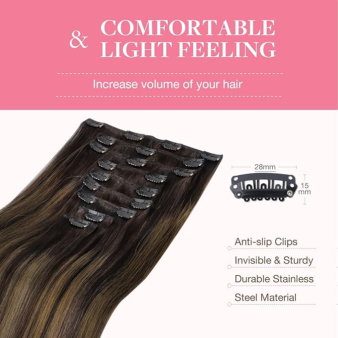 GOO GOO Clip in Hair Extensions Real Human Hair, Remy Human Hair Extensions Clip ins for Women, Natural Human Hair, 22inch 150g 9Pcs, 2/6/2 Balayage Dark Brown to Chestnut Brown