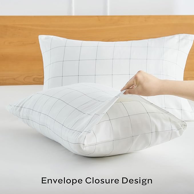 JELLYMONI 100% Natural Cotton Plaid King Pillowcases Set, 2 Pack White with Black Grid Geometric Pattern Printed Pillow Covers with Envelope Closure(Pillows are not Included)
