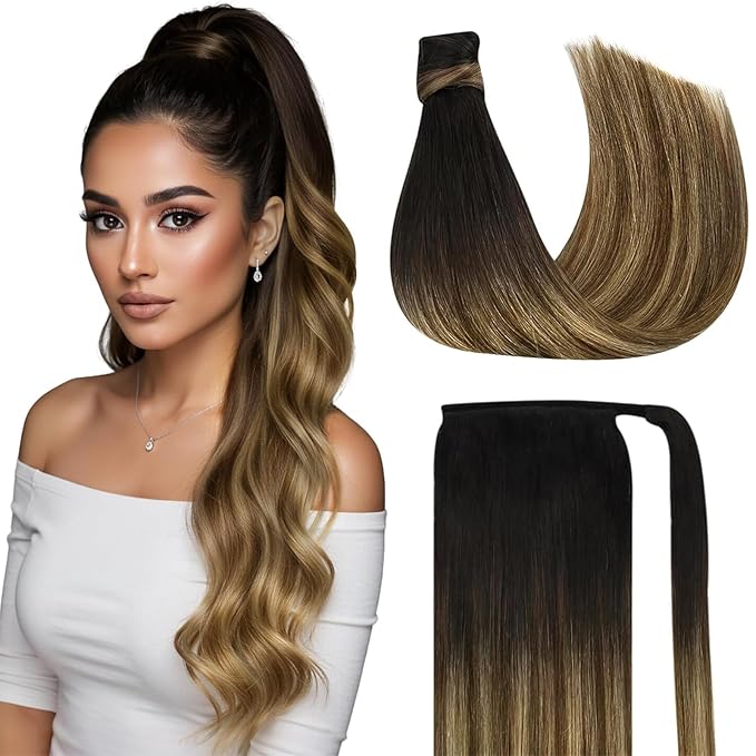 Ve Sunny Hair Extensions Ponytail Real Human Hair Wrap Around Clip in Ponytail Hair Extensions Straight Extensions Human Hair for Women Black Ombre Dark Brown Balayage Caramel Blonde 16inch 80G