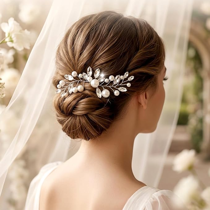 Wedding Pearl Hair Pin 12 x 8 cm Silver Leaf Bridal Hair Clips Accessories with Rhinestones and Flowers for Women