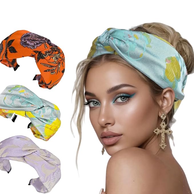 Prodaylab Twist Knotted Headbands for Women Trendy Fabric Embroidery Hair Elastics Wide Hair Bands Soft Non Slip Accessories Hairband for Girls (Arabesque)