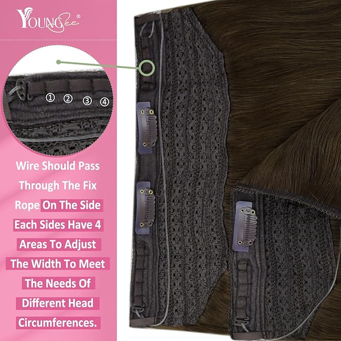 YoungSee Wire Hair Extensions Real Human Hair Brown Wire Extensions Real Human Hair Brown Straight Human Hair Fish Line Extension Easy to Apply and Remove 18 Inch 80g