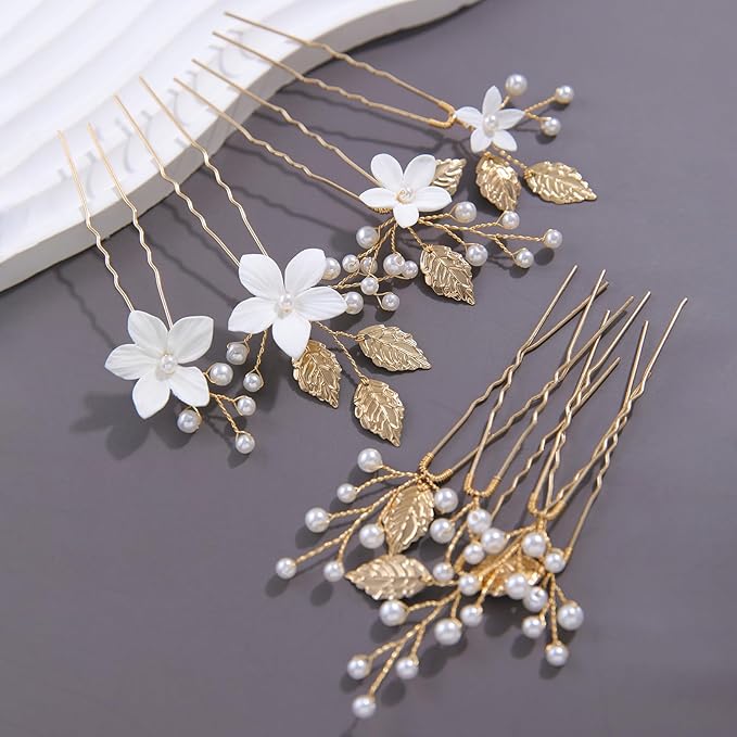Handmade Pearl Bridal Wedding Hair Pins 9Pcs White Flower Gold Leaf Pearls Clips Bridal Hair Accessories for Women Brides Bridesmaid