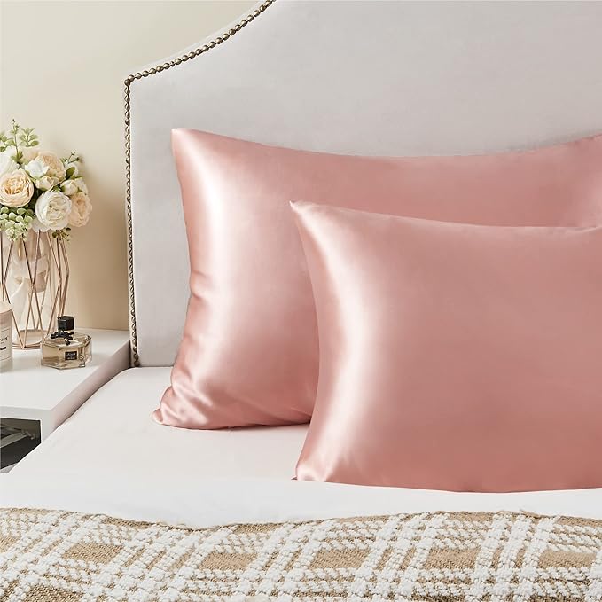 BEDELITE Satin Pillowcase with Zipper, Rose Pink Pillow Cases Queen Size Set of 2, Super Soft and Cooling Similar to Silk Pillow Cases, Gift for Women Men(20x30 Inches)