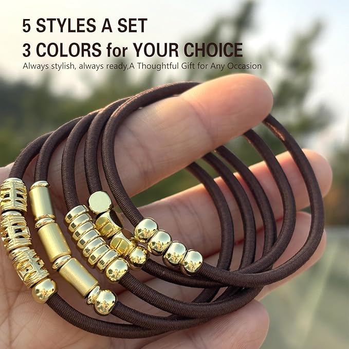 Brown Bracelet Hair Ties for Women, 5 Pack Cute 3mm Thick Elastic Ponytail Holders Accessories No Damage Stretchy Beaded Pony Tails Hair Ties with Gold Metal Charms Beads