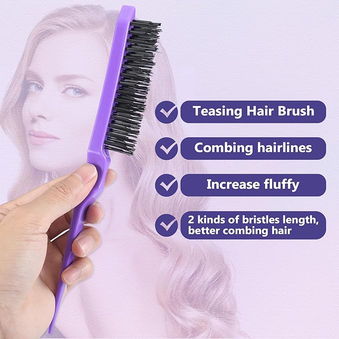 Hair Brush with Hair Styling Comb Set, Purple, Detangling Hair Brushes for Women Men Kids Curly Hair, Includes Detangler Brush, Teasing Hair Brush, Rat Tail Comb, Edge Brush