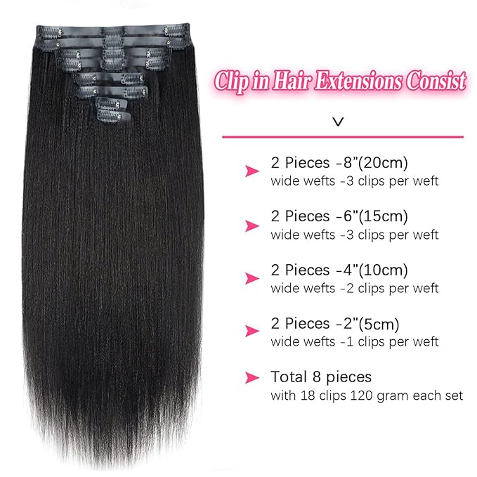 Seamless PU Yaki Straight Clip in Hair Extensions Real Human Hair For Women Invisible Yaki Straight Clip ins (24inch,#1B)