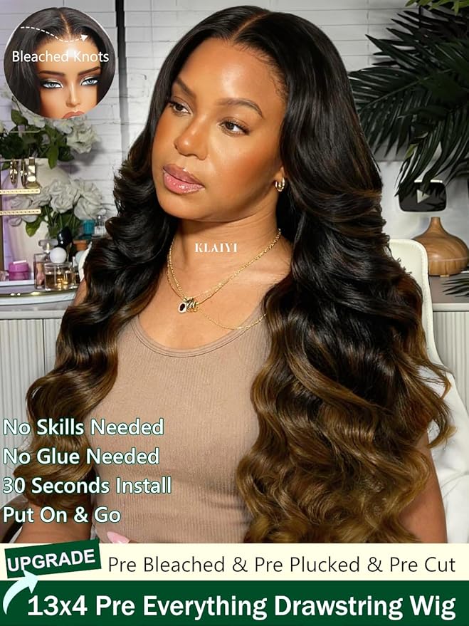 KLAIYI Ombre Brown Loose Body Wave 13x4Pre Everything Lace Frontal Chestnut Brown Drawstring Wig with Face Framing Layers Precut Lace Pre Plucked Bleached Bye Bye Knots Ready to Wear and Go Wig 24Inch