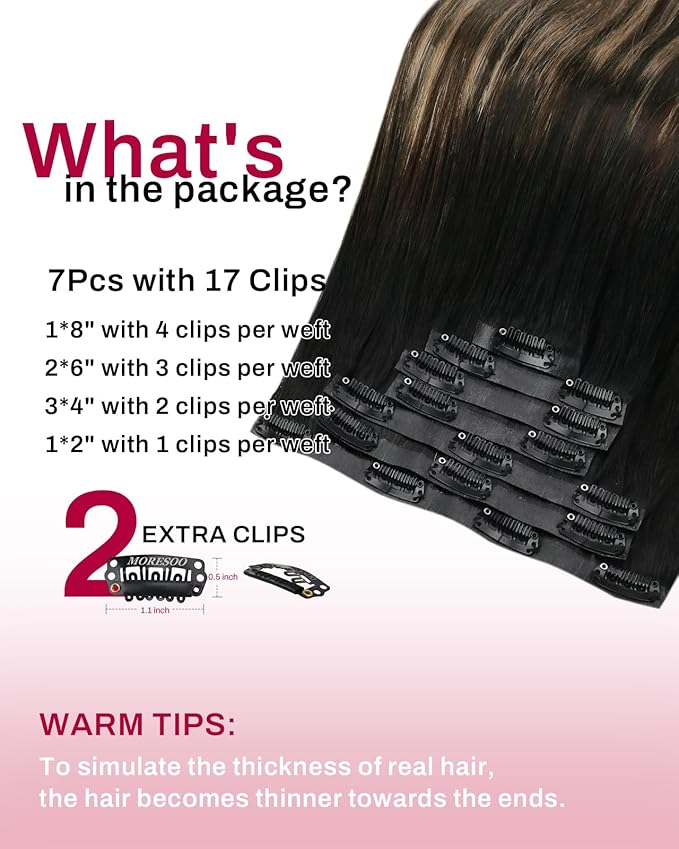 Moresoo Seamless Clip in Hair Extensions Human Hair Balayage Remy Straight PU Weft Human Hair Clip in Extensions Full Head Ombre Black to Brown with Caramel Blonde 7pcs/120g 14inch