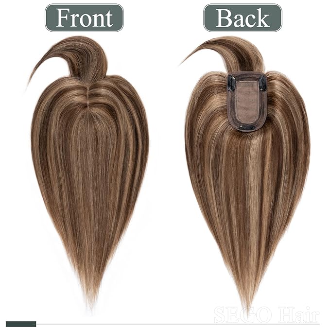 SEGO Hair Toppers for Women Real Human Hair with Thinning, with Front Bangs Clip in Toppers Straight 150% Density Silk Base -18 Inch #4/27 Medium Brown Mix Dark Blonde