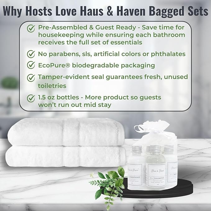 Haus & Haven Hotel Toiletry Sets - 20 Pre-Assembled 5-Piece Guest Amenities in Organza Bags - shampoo, conditioner, shower gel, body lotion and bar soap - White Tea Scent