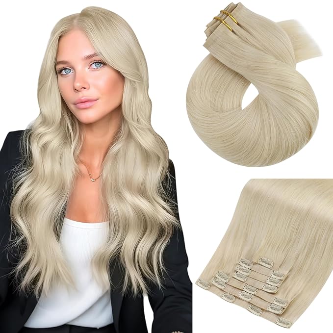 Moresoo Golden Platinum Blonde Clip in Hair Extensions Real Human Hair Seamless Pu Weft Real Hair Extensions Clip in Remy Human Hair Blonde for Women Short Invisible 120g/7pcs 14 inch