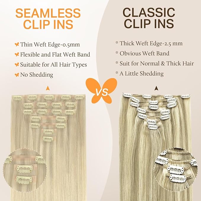 DOORES Clip in Hair Extensions, Ash Blonde to Golden Blonde and Platinum Blonde 14 Inch 130g 7pcs, Seamless Clip in Hair Extensions Natural Straight Hair Thin Weft Invisi Edge Hair Extensions