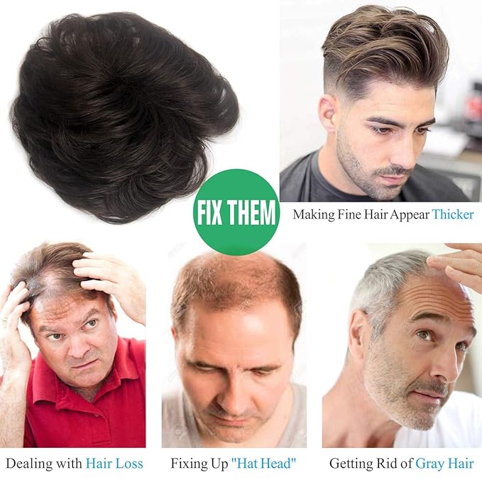 H&Bwig toupee for men,Men Short Toppers Hairpiece with toupee tape,Clips in Hair Extensions for Covering White Loss Hair, Glueless (Dark Brown)