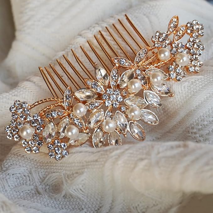 Crystal Wedding Hair Comb Bridal Hair Comb with Pearl Wedding Headpiece for party wear Golden Hair Accessory