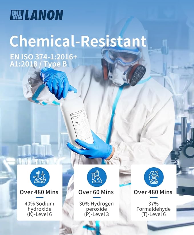 LANON Disposable Nitrile Gloves, Silicone-Free, Food-Safe, Chemical Resistant, Powder-Free, Textured Fingertips, Cooking, Cleaning, Blue, Medium