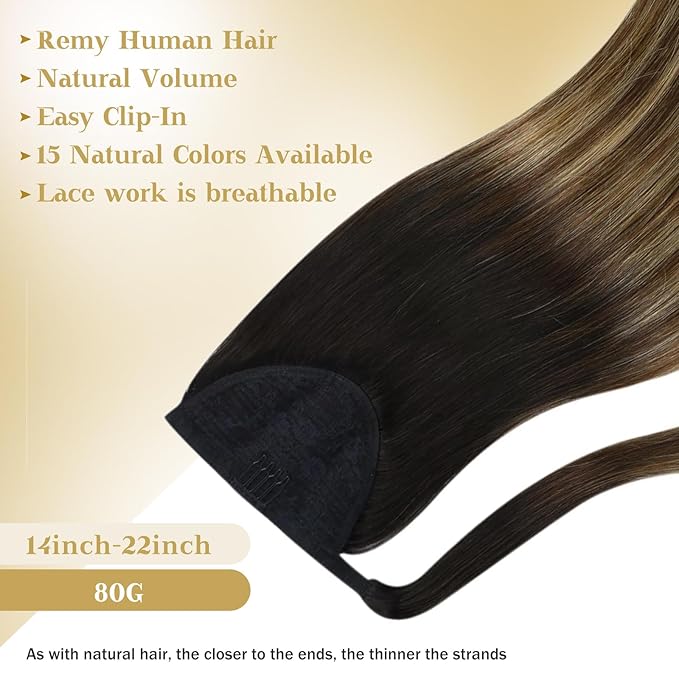 Ve Sunny Hair Extensions Ponytail Real Human Hair Wrap Around Clip in Ponytail Hair Extensions Straight Extensions Human Hair for Women Black Ombre Dark Brown Balayage Caramel Blonde 16inch 80G