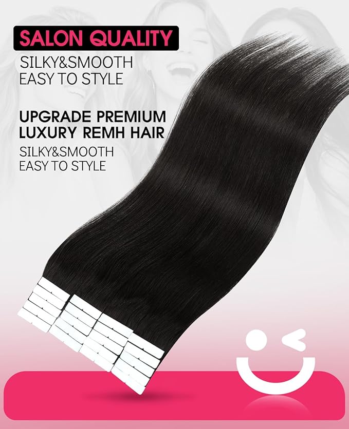 Youngsmile Injection Tape in Hair Extensions Human Hair, #1B Natural Black Invisible Tape in Injected Hair Extensions, 20pcs 30g, 14 Inch Injected Tape Ins Straight Extensiones De Cabello (#1B,14'')
