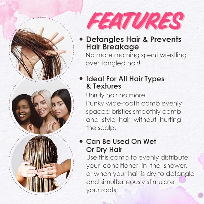 Punky Wide Tooth Comb for Women - Pink, Detangler Comb, No Handle Hair Detangling Combs for Wet, Dry & Curly Hairs