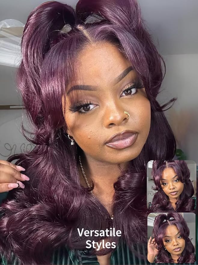 KLAIYI Black Cherry Loose Body Wave Bye Bye Knots Glueless Wig 7x5Precut Lace Front Wigs Human Hair Drawstring Pre Plucked Bleached 30S Ready to Wear and Go Wig with Face Framing Bangs Burgundy 22Inch