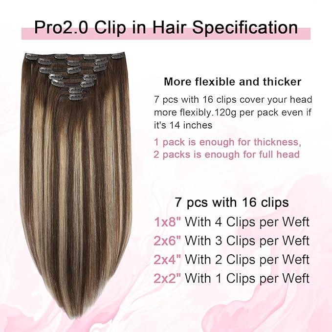Pro2.0 Clip in Hair Extensions Real Human Hair 120g Thick 7pcs Color #4/27/4 Chocolate Brown to Caramel Blonde Remy Real Human Hair Extensions Clip ins 14inch Double Weft（#4/27/4-14inch）