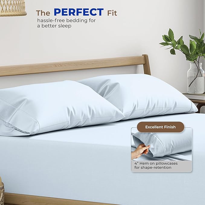 THREAD SPREAD 100% Egyptian Cotton Pillow Cases King - 1000 Thread Count Pillow Cases King Size Set of 2, Cooling & Breathable Extra Long Staple Sateen Weave Cotton Pillow Covers for Bed - Light Blue