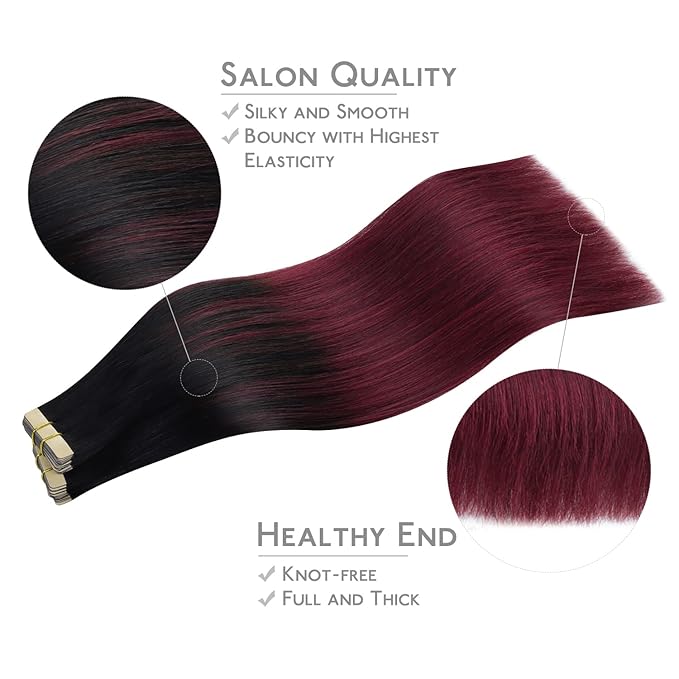 WENNALIFE Tape in Hair Extensions Human Hair, 40pcs 120g 26 inch Ombre Jet Black to Burgundy Hair Extensions Real Human Hair Straight Tape in Extensions Reusable Invisible Human Hair Extensions