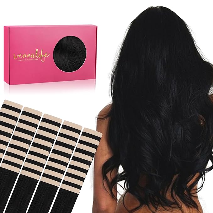 WENNALIFE Tape in Hair Extensions Human Hair, 40pcs 100g 16 inch Jet Black Hair Extensions Real Human Hair Straight Tape in Extensions Invisible Human Hair Extensions Reusable Real Hair Extensions