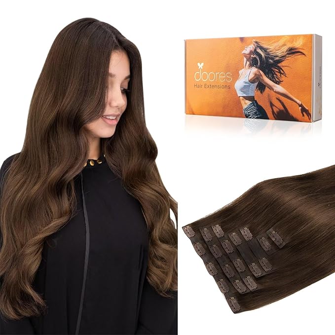 DOORES Chocolate Brown Clip in Hair Extensions, 16 Inch 110g 7pcs, Seamless Remy Human Hair Straight Invisi Edge Extensions