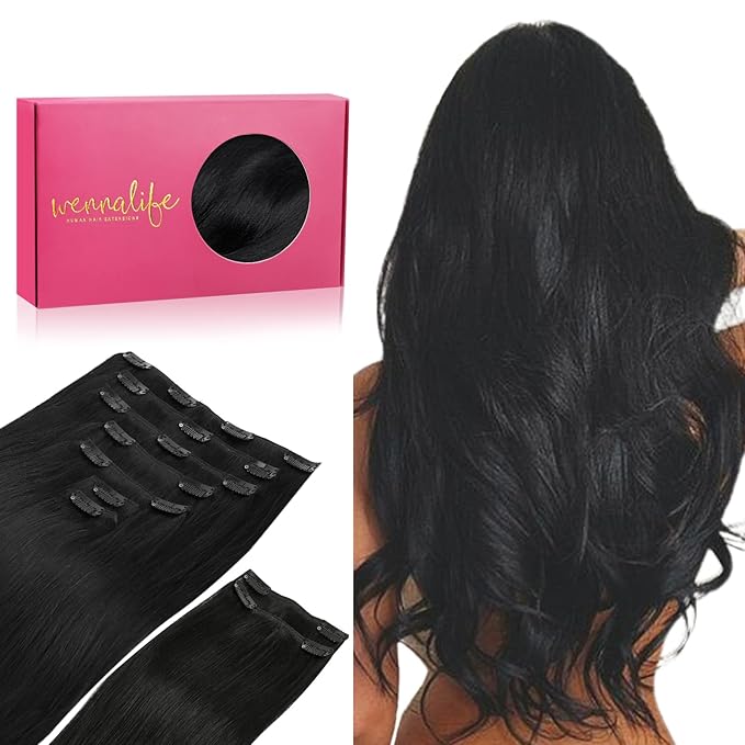 WENNALIFE Clip in Hair Extensions, 150g 14 Inch 9pcs Jet Black Remy Hair Thicker Double Weft Extensiones De Cabello Humano Con Clip Ins Straight Full Volume