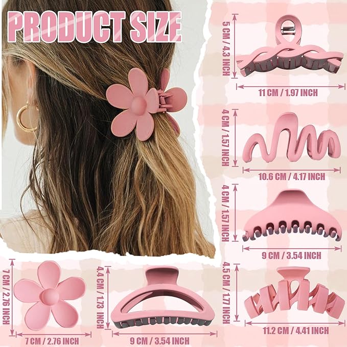 12 Pcs Claw Clips, Multi-Shapes Hair Clips for Women Girls, Non-Slip Large Jaw Claw Clips for Thick Thin Curly Hair Accessories (Light Pink)