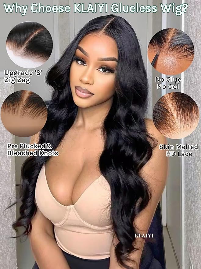 KLAIYI Body Wave Bye Bye Knots Glueless Wig 7x5 Pre Cut Lace Front Wigs Human Hair Wear and Go Wigs for Beginners Pre Bleached Pre Plucked Pre Everything 3S Easy to Ready to Wear Loose Wave Wig 24Inch