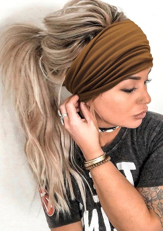 Huachi Headbands for Women, Wide Elastic Head Bands Non Slip, Thick Workout Headband Sweat Bands, Soft Large Knotted Hair Band Turban Headwraps for Washing Face, Makeup, Sport, Running(Pack of 6)