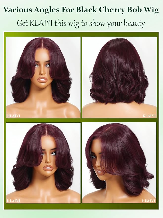 KLAIYI Black Cherry Bob Loose Body Wave Precut 7x5 HD Lace Front Wigs Human Hair Glueless Bye Bye Knots Drawstring Red Burgundy Wig with Curtian Bang Pre Plucked Bleached Ready to Put On And Go 12Inch