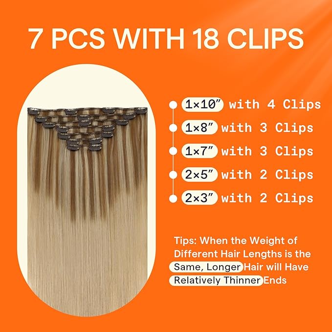 Full Shine Clip in Hair Extensions Real Human Hair Balayage Blonde Human Hair Extensions Clip ins Golden Brown to Golden Blonde Real Hair Clip in Extensions Silky Straight 7 Pcs 16 Inch 120 G
