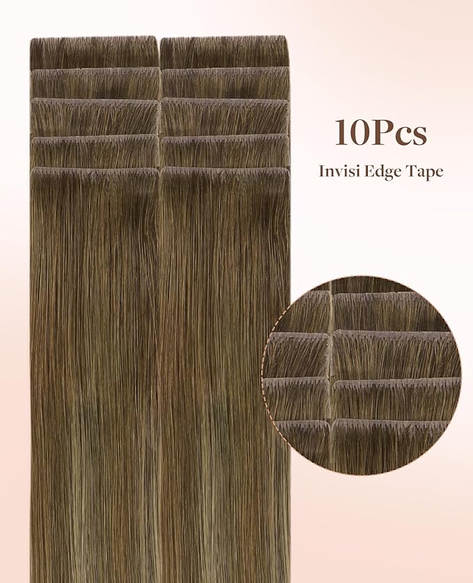 GOO GOO Invisi Edge Tape in Hair Extensions Human Hair, 3/8/613 Balayage Walnut Brown to Ash Brown and Bleach Blonde, 10pcs 18inch 25g, Virgin Remy Hair, Seamless Injected Tape, Natural Look