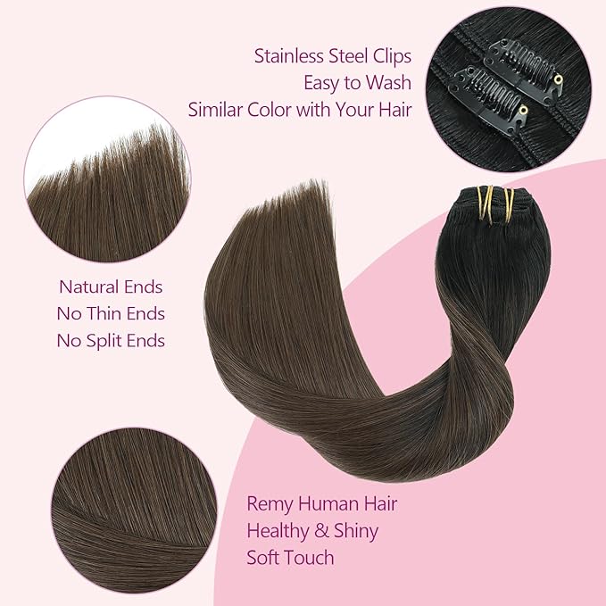 PINKPEARL Clip in Hair Extensions, 16 Inch 7pcs 120g #1BT4 Balayage Natural Black to Chocolate Brown, Hair Extensions Real Human Hair Clip Ins Natural Straight Hair for Women(#1BT4-16)